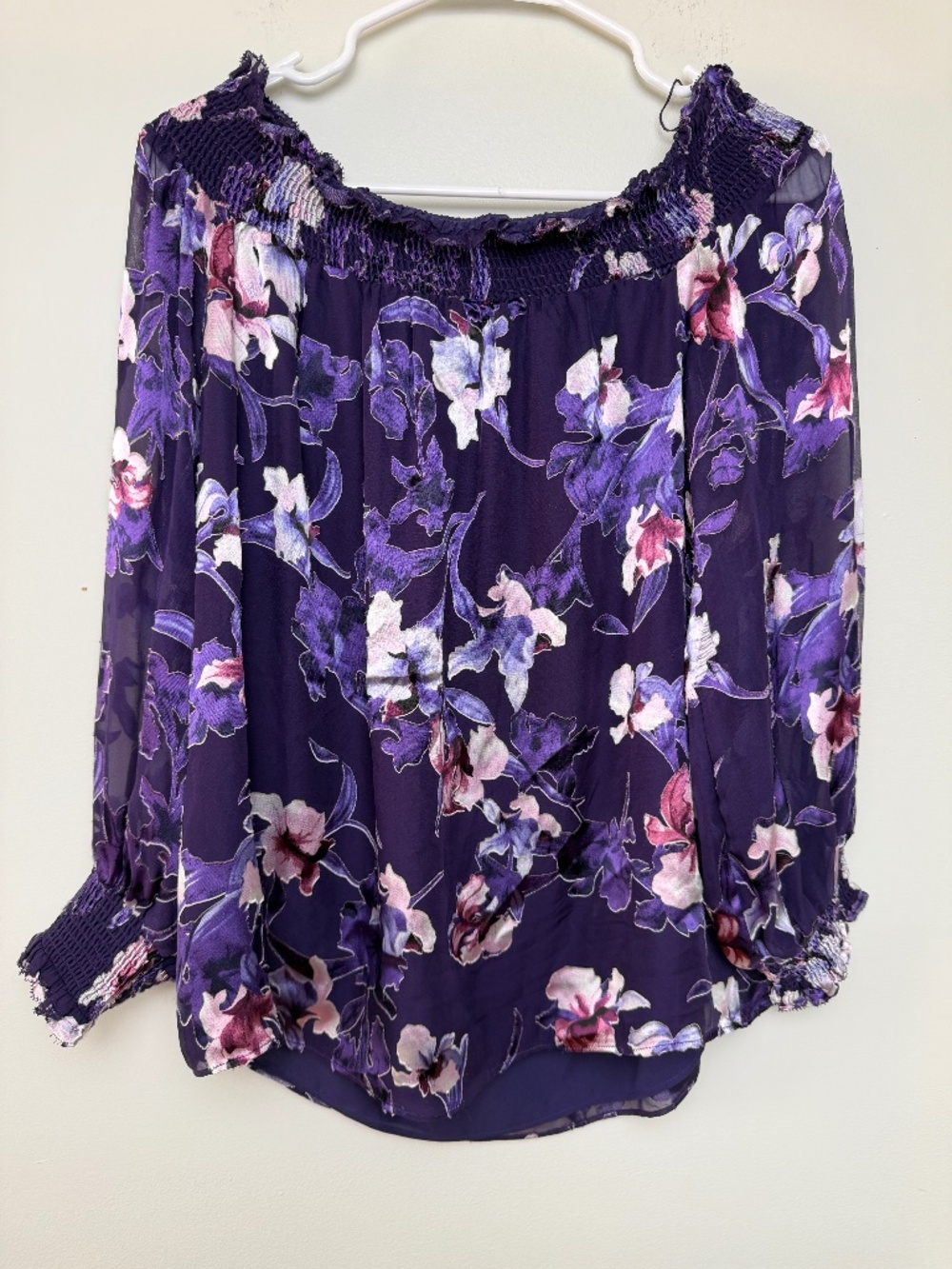 White House Black Market Purple Floral Smocked Blouse Silk/Rayon Blend Size L